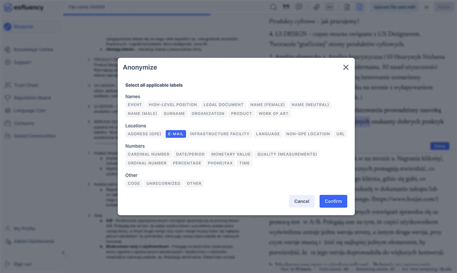 The anonymization window - select all applicable labels such as Names, Locations, Numbers, and more.