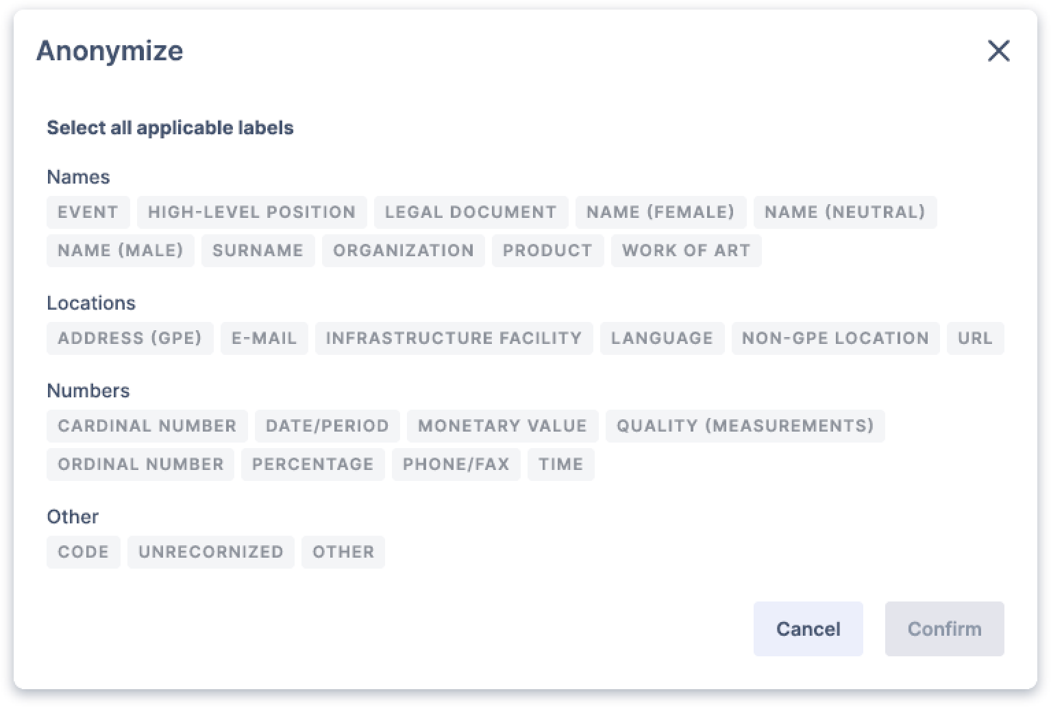 The anonymization window - select all applicable labels such as Names, Locations, Numbers, and more.